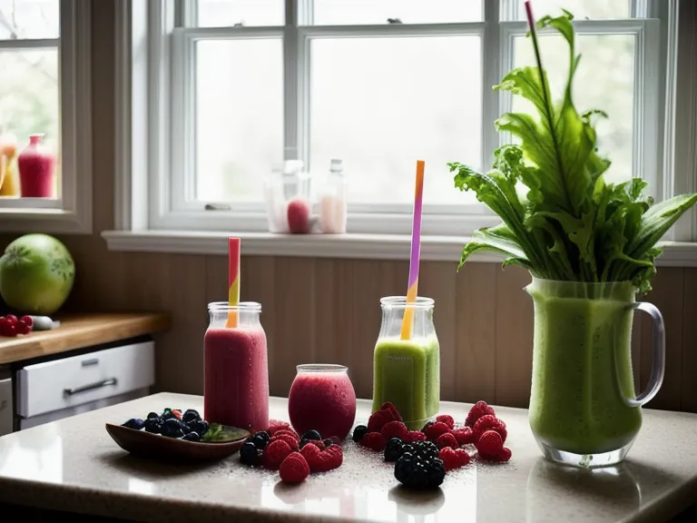 A green batch-prepped smoothie in the blender on a butcher-block kitchen island