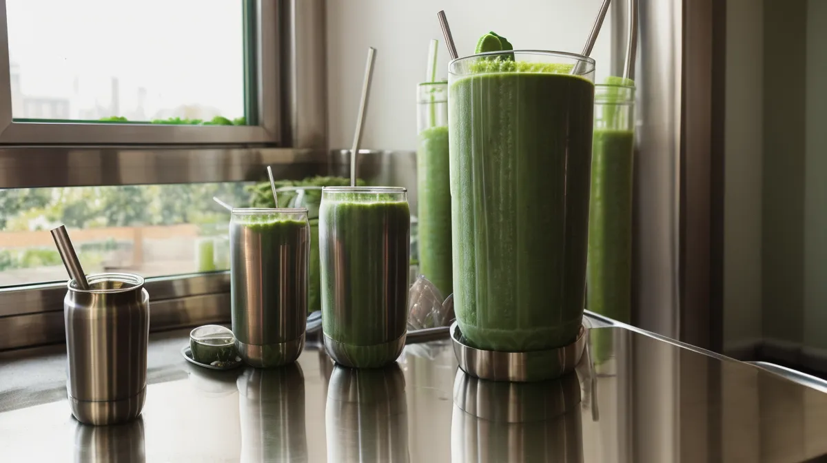 Postpartum weight loss mom hiding in the laundry room with a green smoothie diet cup