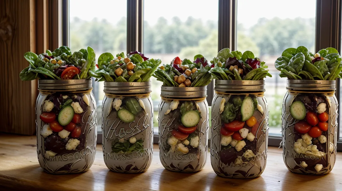 Mason jar salad meal prep layered for a healthy lunch that stays fresh all week