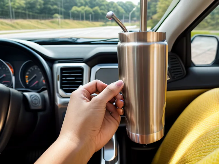 Suburban mom holding an insulated smoothie tumbler while waiting in the school carpool line as part of a postpartum weight loss routine