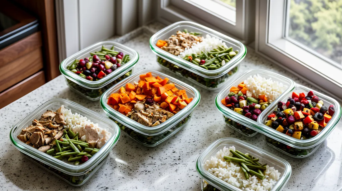 Sunday meal prep containers of protein and veggies prepped for picky eaters and postpartum weight loss goals