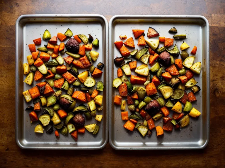 Sheet pans of roasted vegetables cooling before Sunday meal prep components go into containers